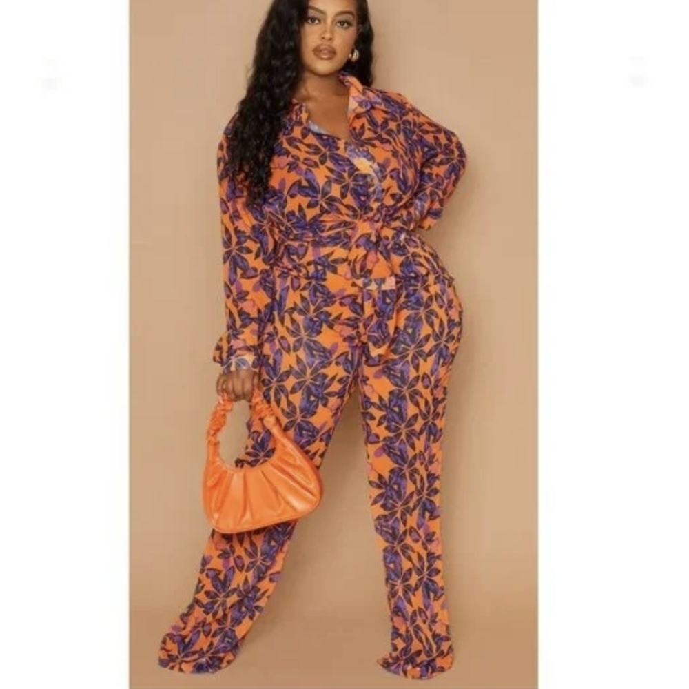 PrettyLittleThing Plus Orange Beach Print Flare Pants NWT